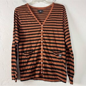 VTG Y2K Obey Cardigan Sweater Knit Striped V Neck Button Down Brown Black Cotton